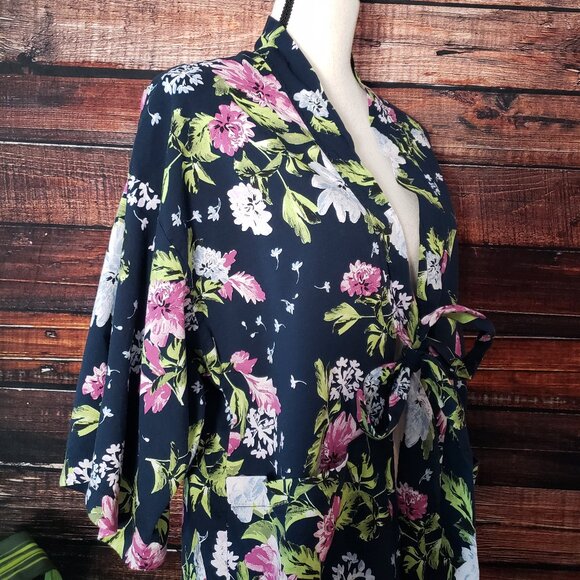 Banana Republic Kimono Robe One Size Tie Front Pockets Navy Floral Cotton Rayon - Picture 5 of 9
